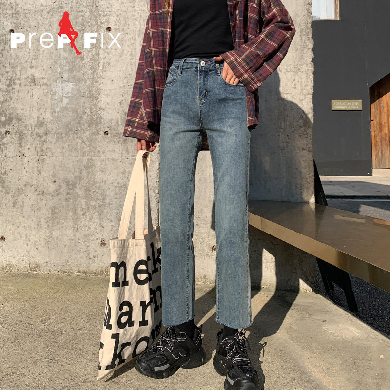 高腰弹力百搭直筒宽松烟管裤牛仔裤 prepfix牛仔裤