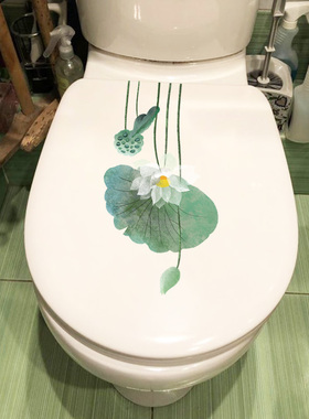 洗手间瓷砖贴画清新荷花卫生间座厕装饰防水贴纸马桶贴画家居墙贴