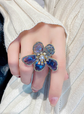 日韩水晶花朵戒指复古粉色大码