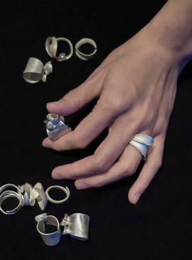 小池不识月折叶重叠纯银开口戒指