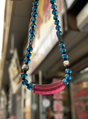 项链清代湖水蓝8-10mm藏式压花