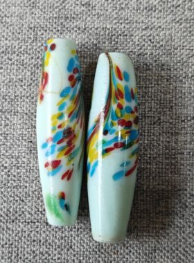 藏品清末古法手工白玉色三彩凤凰长莲子老琉璃珠尺寸50*15mm配珠