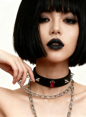 暗红钻装饰朋克风铆钉choker皮质项圈女锁骨链甜酷女孩辣妹脖颈链