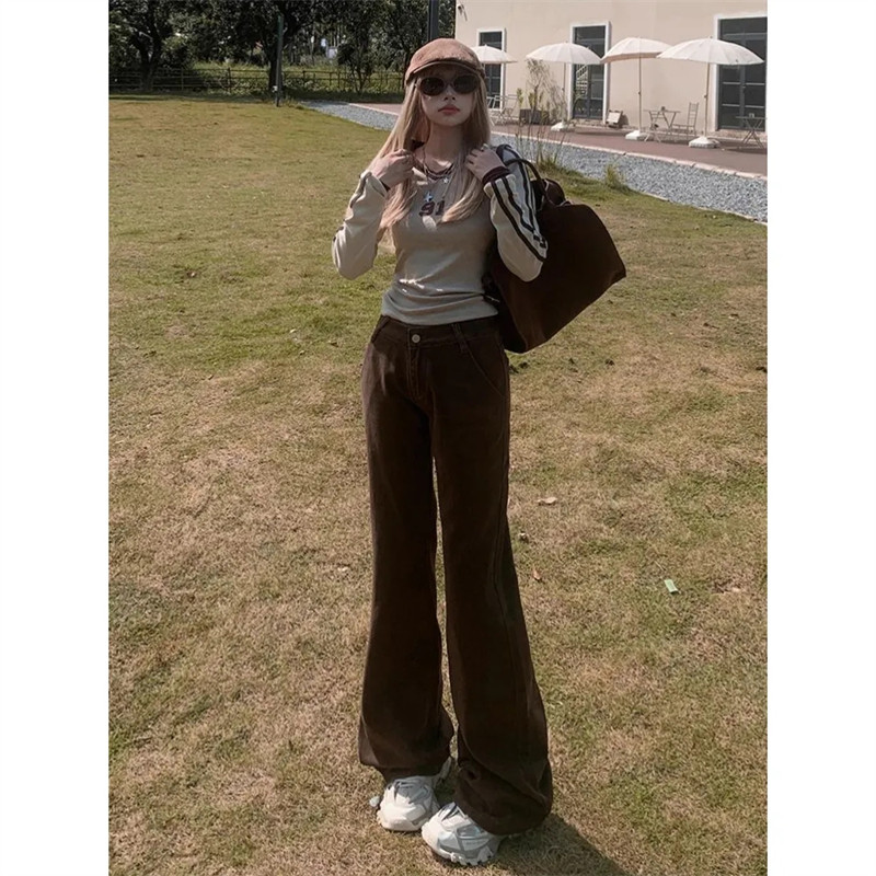 美式复古咖色加长微喇牛仔裤女秋冬新款低腰显瘦休闲阔腿马蹄裤子,淘宝优惠券,粉丝福利购,淘宝优惠卷