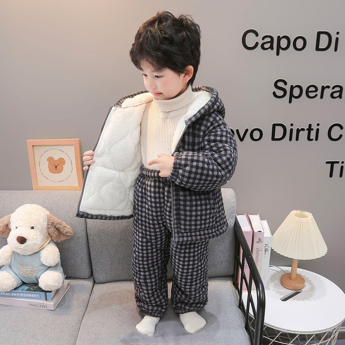 儿童三层夹棉格子珊瑚绒睡衣套装男女童冬季加厚保暖家居服可外穿,淘宝优惠券,粉丝福利购,淘宝优惠卷
