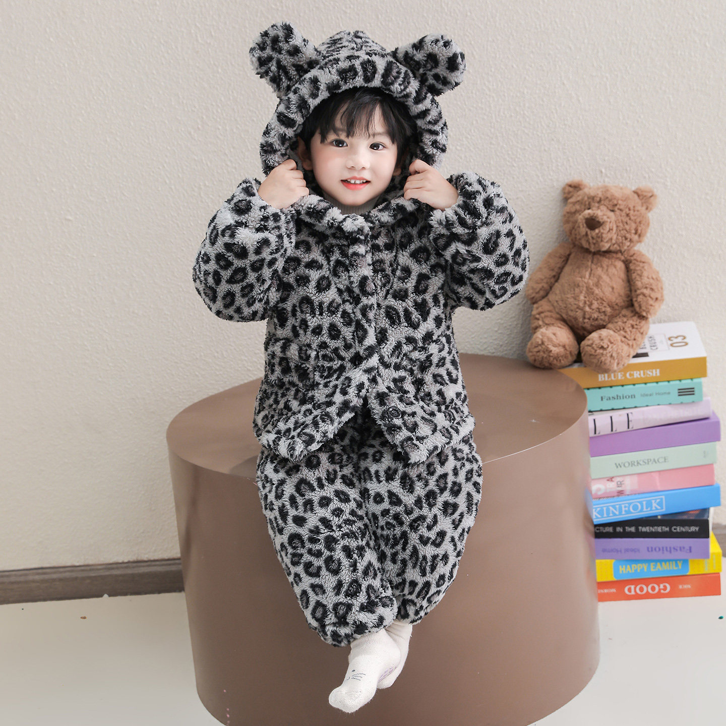 儿童豹纹珊瑚绒三层夹棉家居服套装男女童加绒加厚保暖睡衣两件套,淘宝优惠券,粉丝福利购,淘宝优惠卷