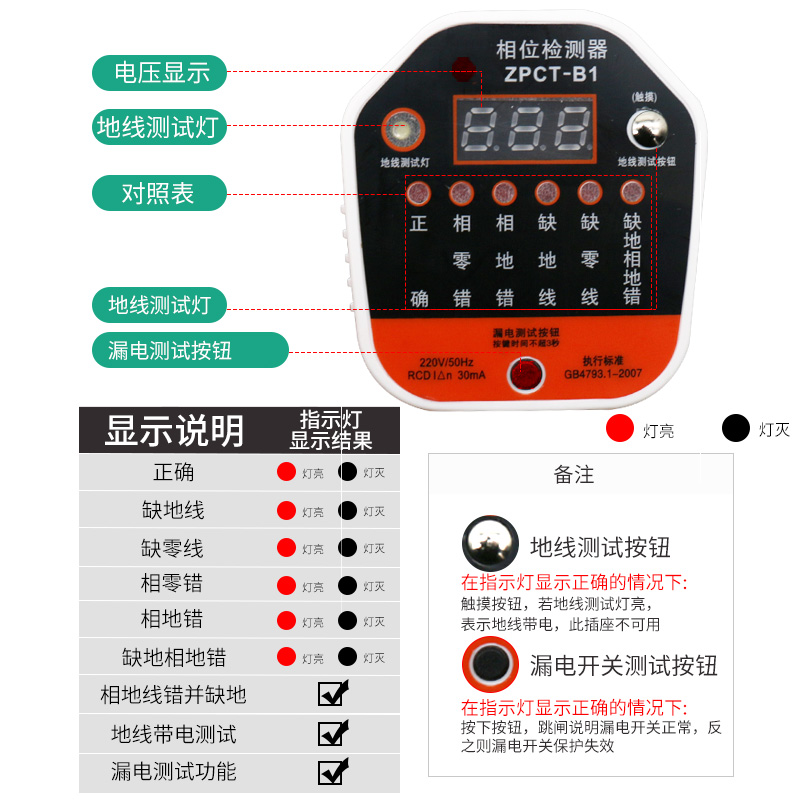 相位检测仪插座零火地线漏电测试仪验电器电源极性检测器试电插头-图3