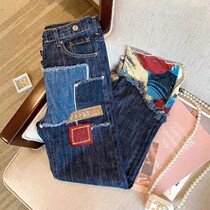 Port Taste Hip Hop Wind Splicing High Waisted Jeans Women 2023 Spring Summer New Vintage Rework Display Slim Straight Barrel Broadlegged Pants