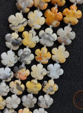 天然疯狂玛瑙梅花散珠半成品 黄白缠丝海洋玉髓雕刻五瓣珠手工
