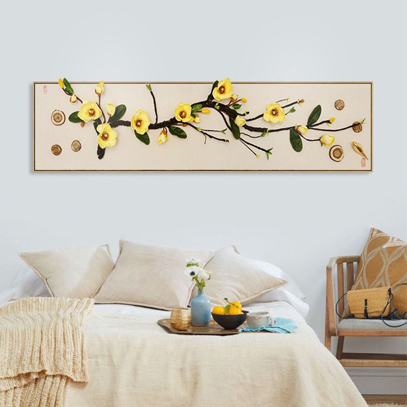 新中式卧室装饰画创意实物立体床头挂画花鸟横款客厅样板间壁画,淘宝优惠券,粉丝福利购,淘宝优惠卷