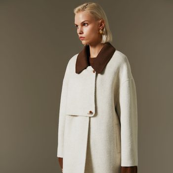 ເສື້ອຄຸມຂົນສັດໃນລະດູໃບໄມ້ຫຼົ່ນແລະລະດູຫນາວ Stand collar woolen coat women's new contrast color collar waist slimming temperament wool coat women's stand collar