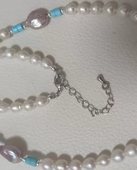 天然淡水珍珠项链毛衣链白色珍珠紫色巴洛克