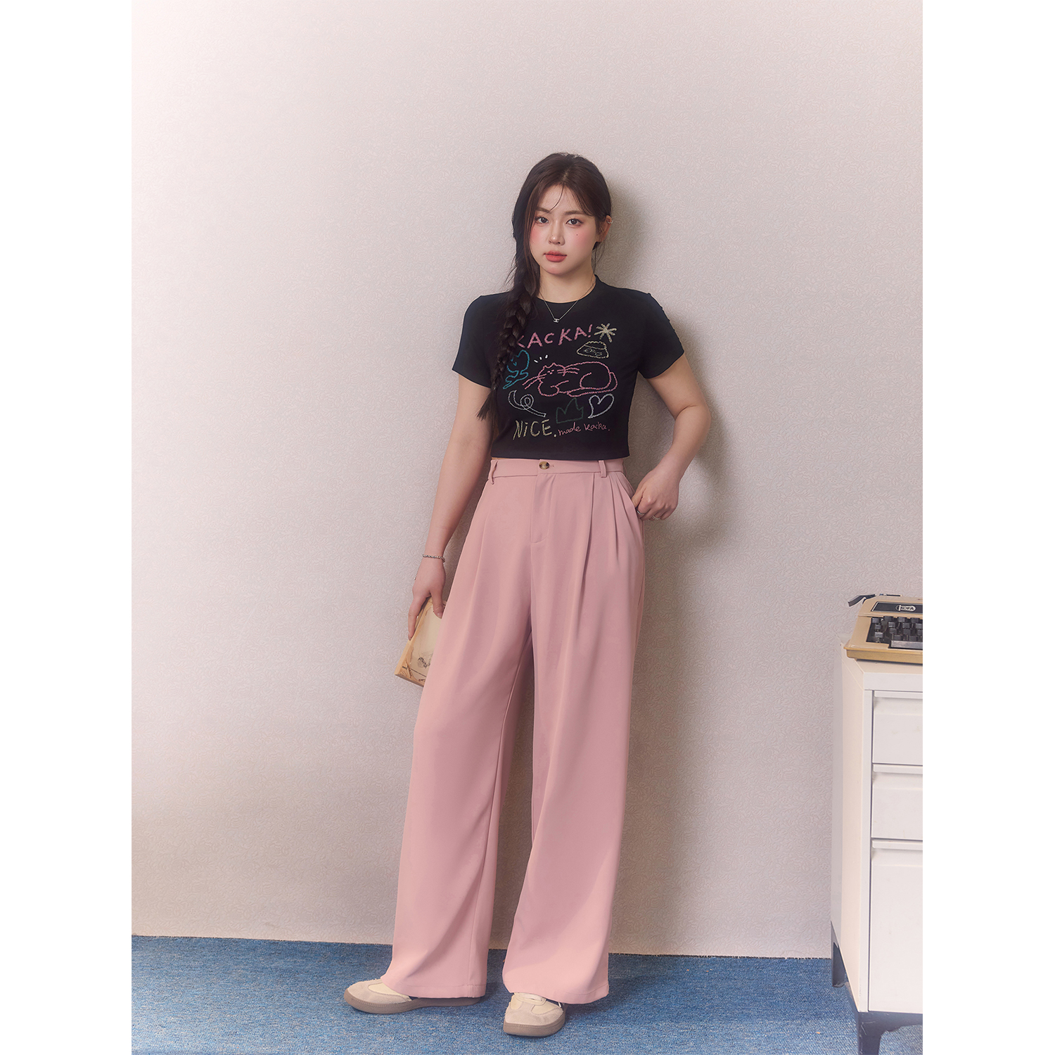 张大人夏季新款大码胖妹妹显瘦套装女韩系时尚短袖T恤粉色西装裤 - 图2