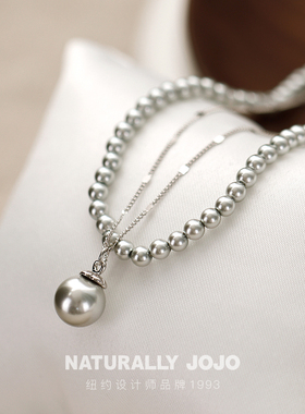 真多麻灰色人造珍珠纯银项链女