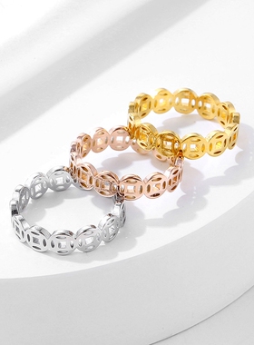 复古铜钱戒指不锈钢招财钱多聚财转运指环钛钢18k金食指男女尾戒