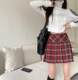 Red plaid college style pleated skirt with hip short skirt