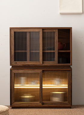 胡桃木榻榻米收纳柜推拉款