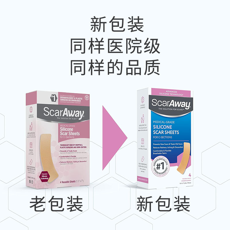 美国舒可薇scaraway疤痕贴增生 剖腹产硅胶4片装肉色疤痕疙瘩 - 图0