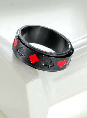 扑克牌图案钛钢可旋转动戒指环