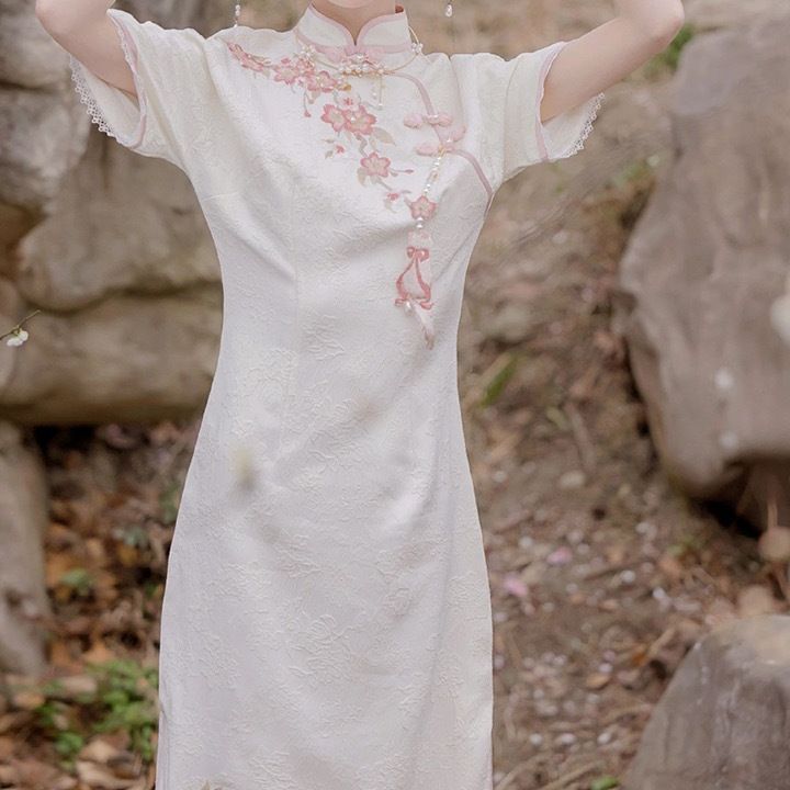 【现货秒发】夏季新中式国风改良年轻款少女日常可穿白色连衣裙女 - 图0