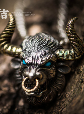 银仓吉s925银牛头宝石镶嵌项链