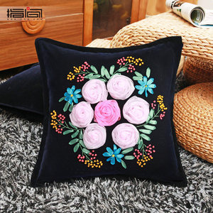 指间 新款客厅卧室印花结婚婚庆十字绣丝带绣抱枕靠垫套材料包