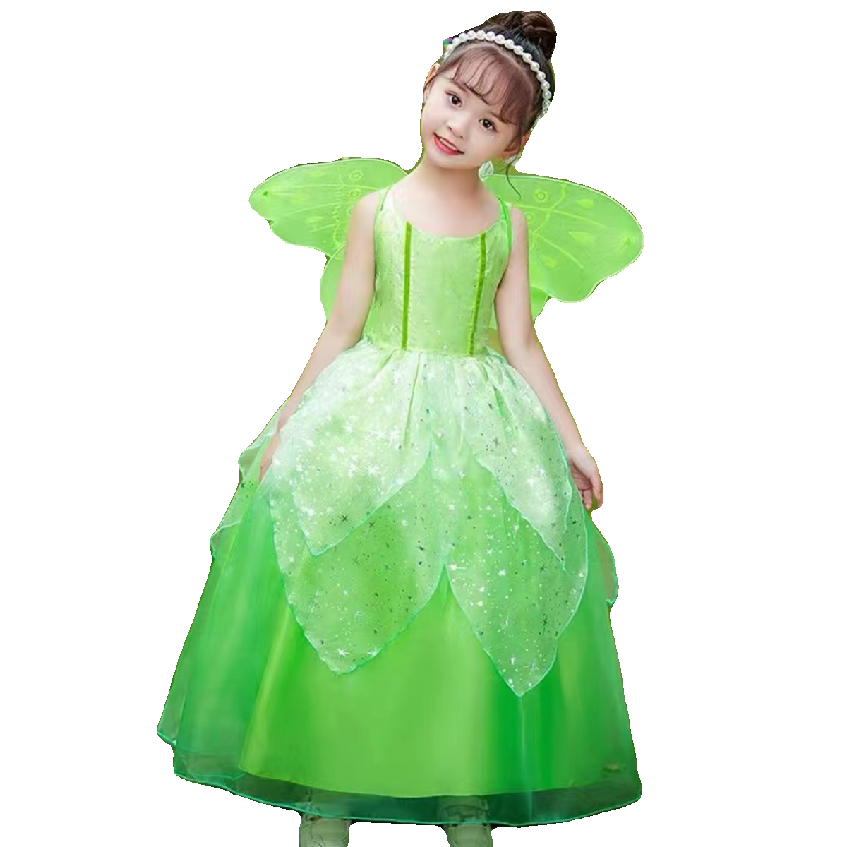 女童新款时尚绿色小精灵奇妙仙子小叮当公主裙演出服绿色连衣裙-图3