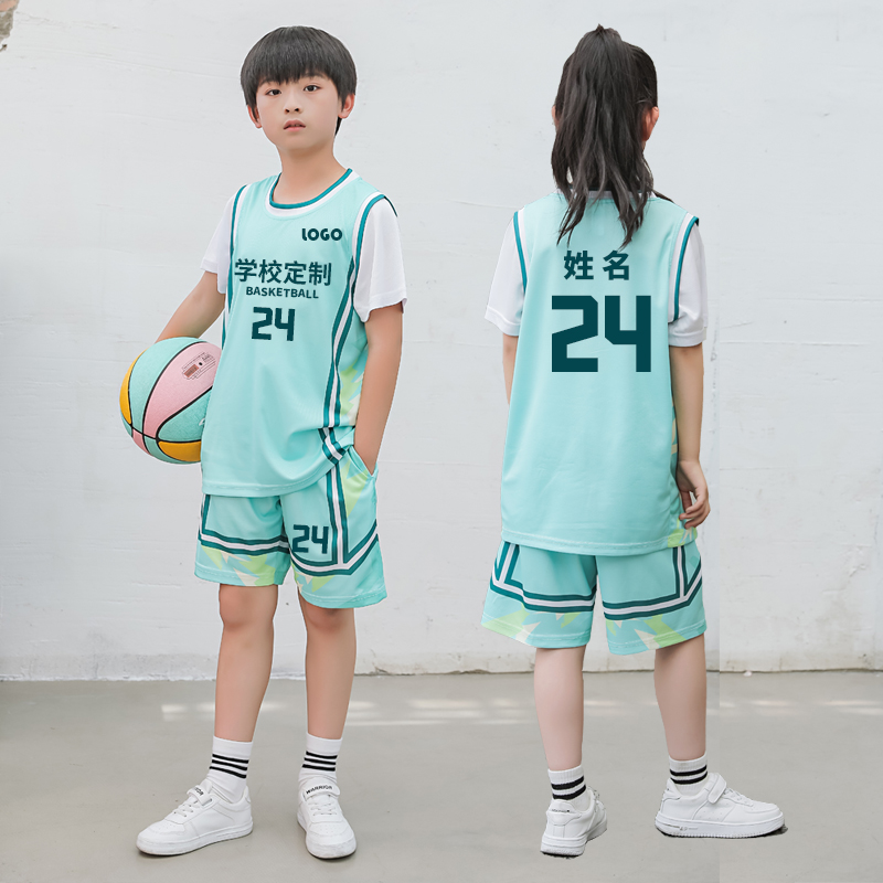中小学生短袖篮球服套装儿童假两件球衣定制印字号比赛训练队服夏-图1