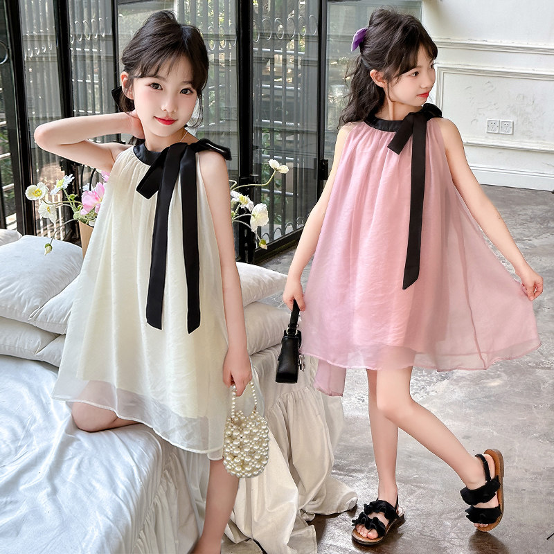 女童夏季无袖公主裙2025新款女孩法式挂脖度假风高级雪纺连衣裙,淘宝优惠券,粉丝福利购,淘宝优惠卷