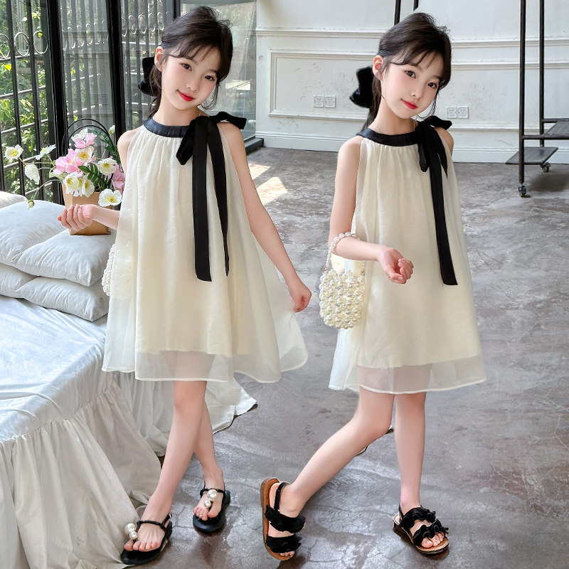 女童夏季无袖公主裙2025新款女孩法式挂脖度假风高级雪纺连衣裙,淘宝优惠券,粉丝福利购,淘宝优惠卷