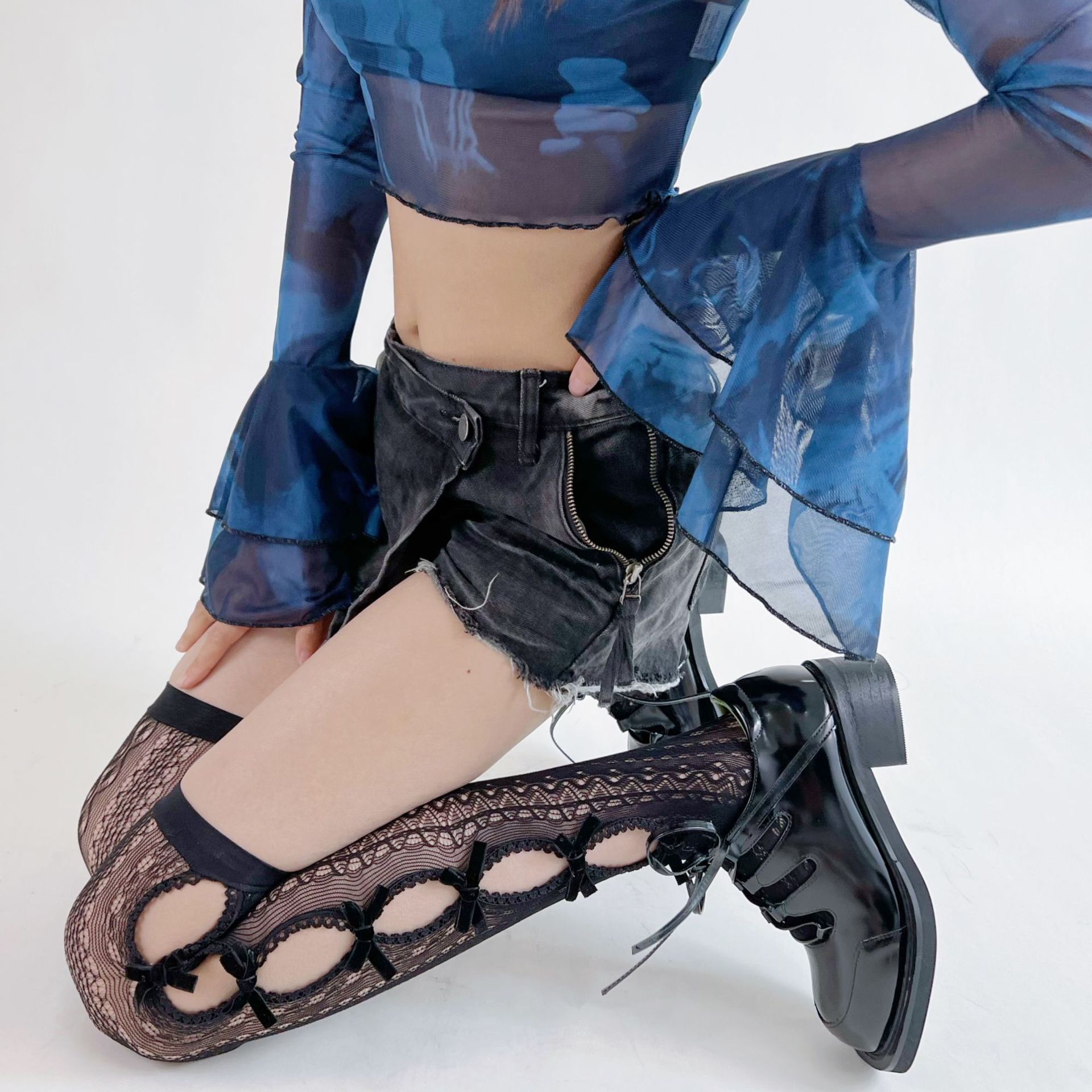 原创设计师款手工镂空植绒蝴蝶结蕾丝大腿袜复古显瘦过膝小腿袜女