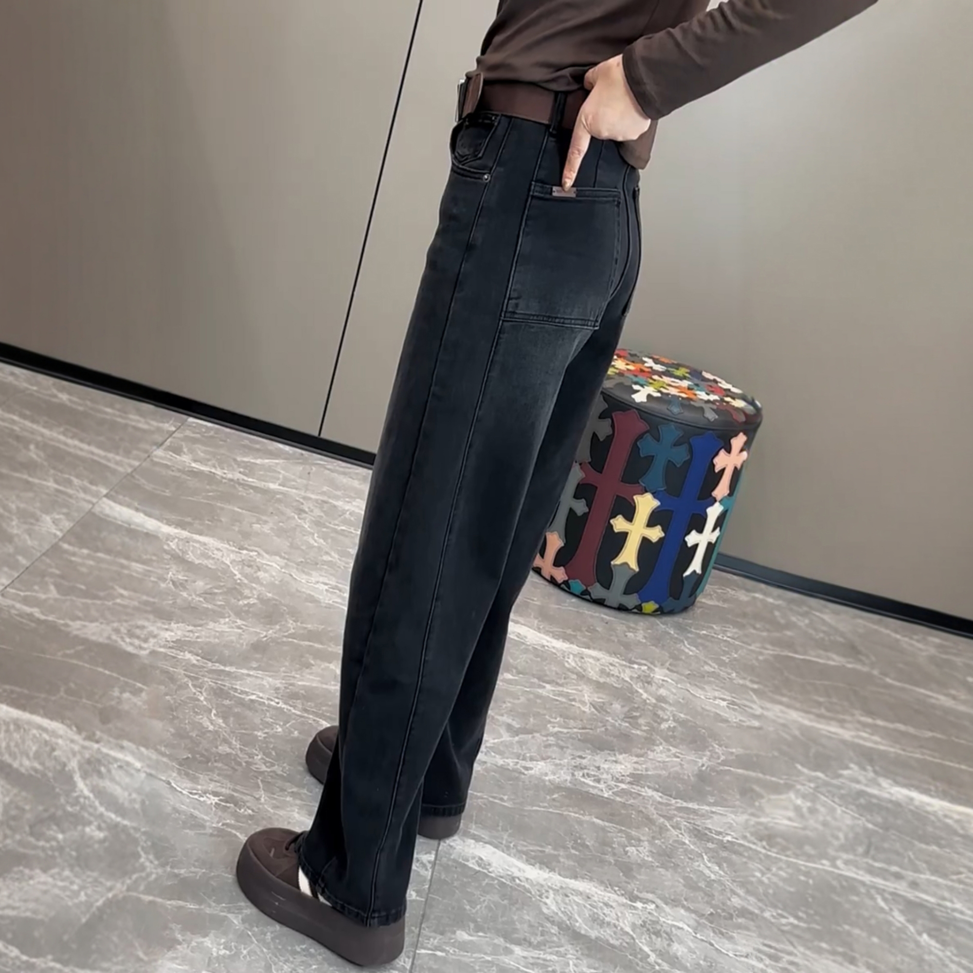 大码加绒牛仔裤女秋冬季2025新款弯刀阔腿裤胖mm显瘦窄版直筒裤子 - 图3