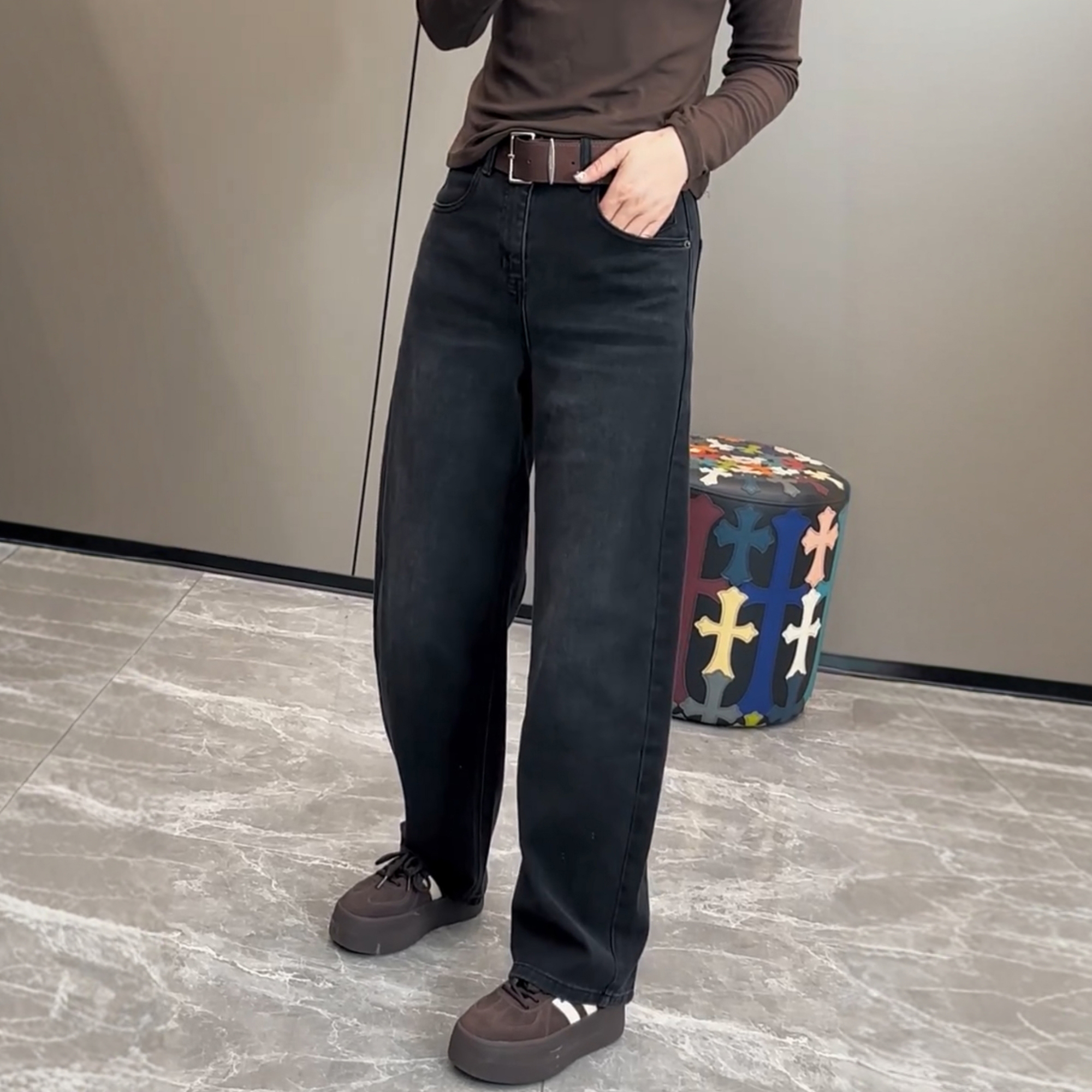 大码加绒牛仔裤女秋冬季2025新款弯刀阔腿裤胖mm显瘦窄版直筒裤子 - 图2