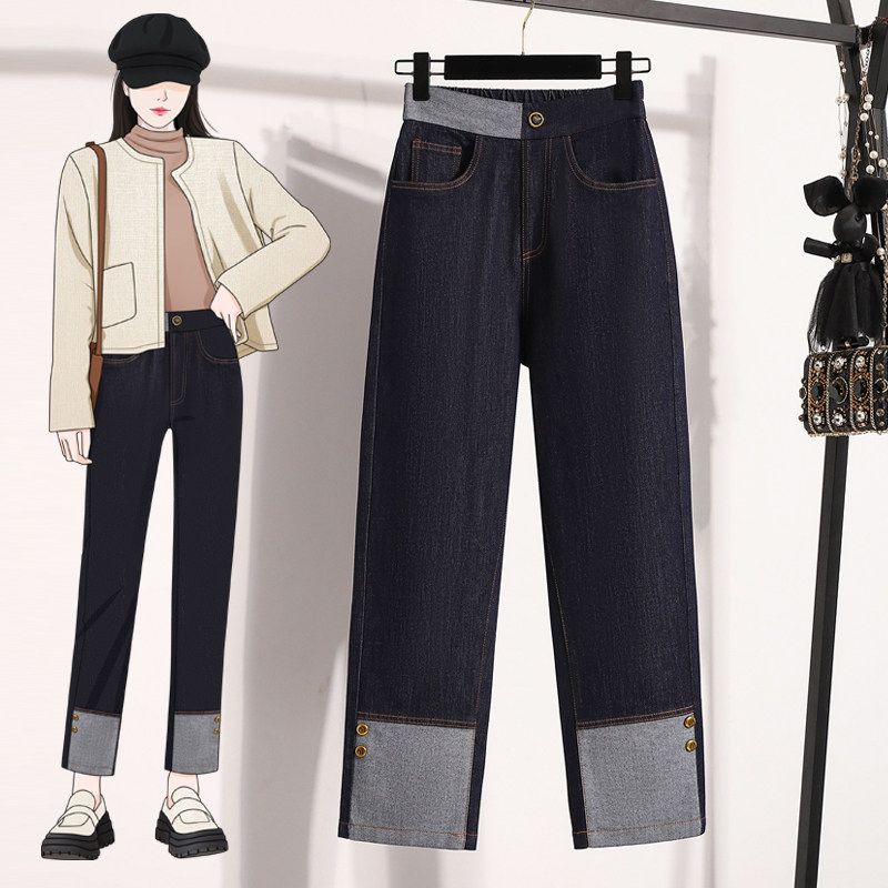 大码女装梨形身材显瘦撞色牛仔裤胖妹妹高腰直筒阔腿裤卷边九分裤,淘宝优惠券,粉丝福利购,淘宝优惠卷