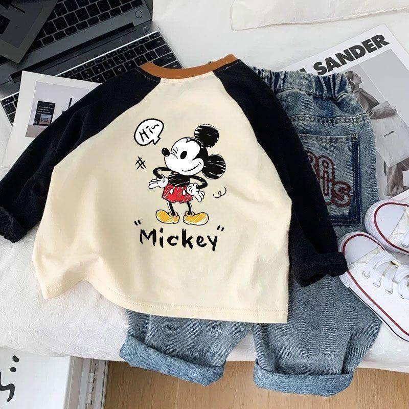 纯棉男女儿童t恤长袖新款拼色米奇卡通中小童内搭打底衫上衣春秋T,淘宝优惠券,粉丝福利购,淘宝优惠卷
