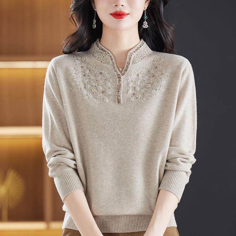 鄂尔多斯市洋气妈妈100%纯羊绒上衣女内搭毛衣中老年旗袍领打底衫,淘宝优惠券,粉丝福利购,淘宝优惠卷