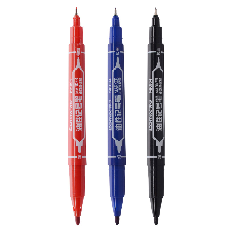 齐心油性记号笔包邮蓝色小双头勾线笔高光儿童绘画笔黑色细油性笔 - 图0