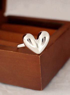 纯银日韩甜美爱心形闪亮开口戒指