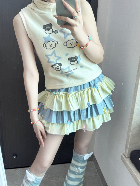 Soft girl cute color-blocked pumpkin pants ruffled skirt Japanese girl versatile slimming cake fluffy skirt for women