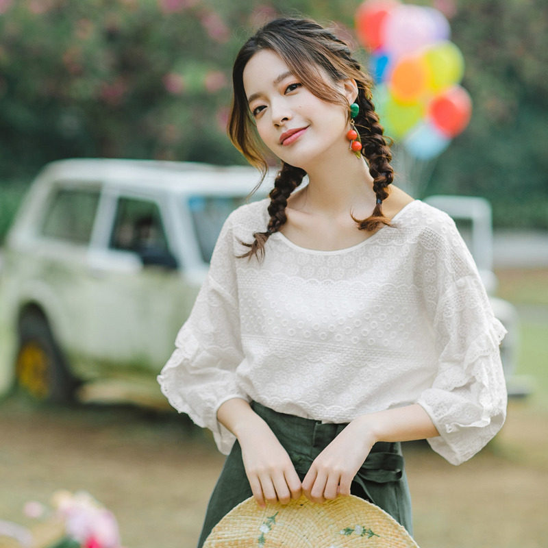 茵曼白色短袖夏季2022新款小众衬衫 茵曼慢生活衬衫