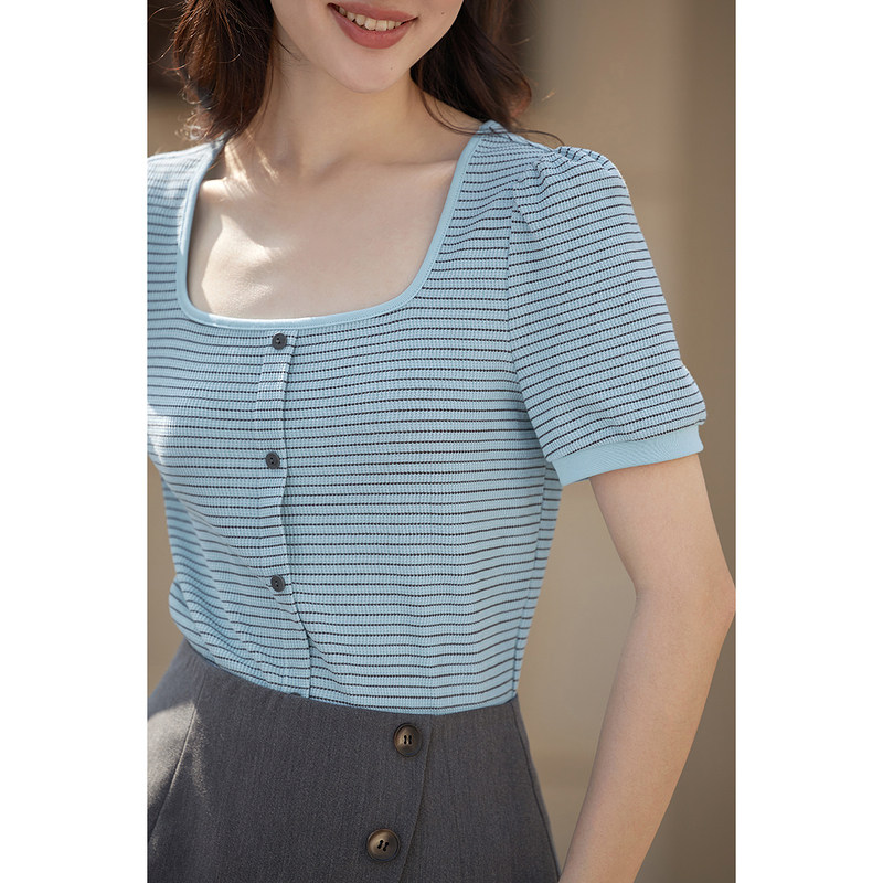 茵曼黑白条纹方领短袖女士2022 t恤 茵曼慢生活T恤