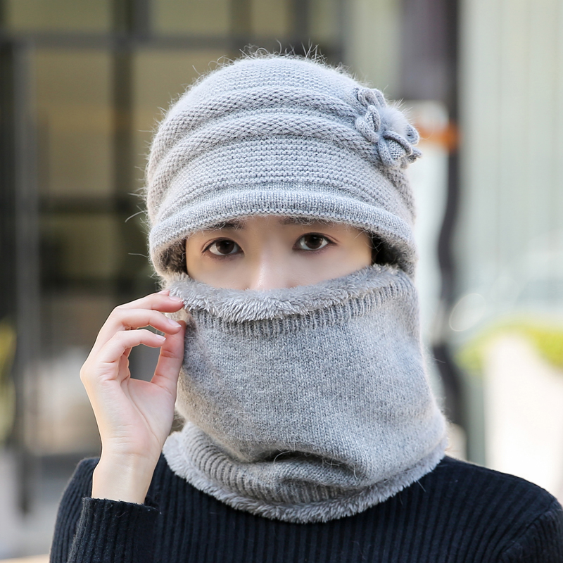 中老年人帽子女冬天毛线连体老人帽围脖冬季保暖奶奶帽兔毛妈妈帽