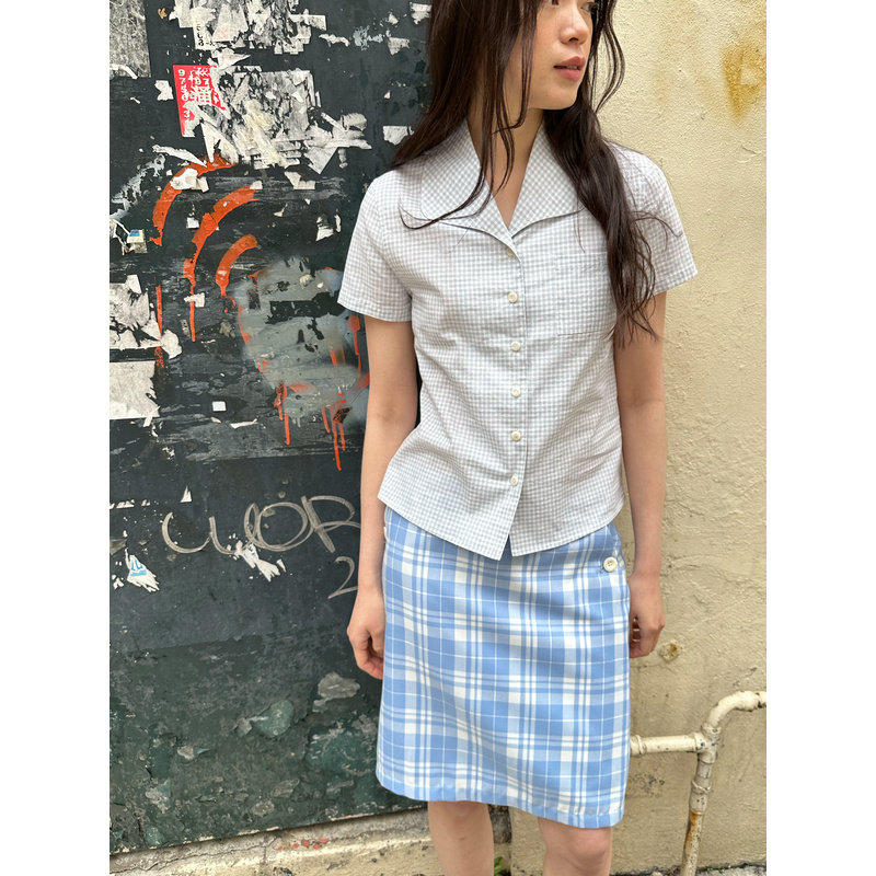 【清仓】UNRETRO 混纺复古翻领设计修身格纹短袖衬衫女休闲衬衣