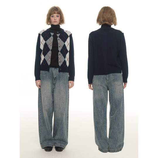 UNRETRO 美式复古菱格针织开衫女冬季新款纯羊毛短款修身毛衣外套