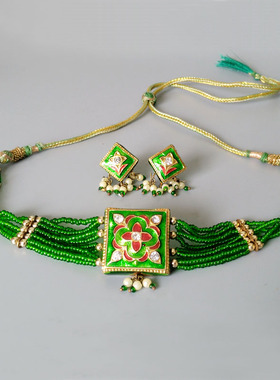 靓丽印度舞蹈绿色琉璃花卉项链
