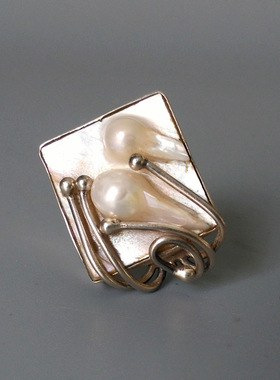 欧美风设计师作品天然珍珠银戒指