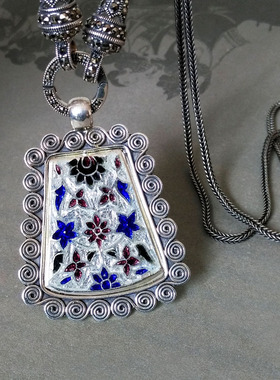 印度手工民族风植物花卉银吊坠