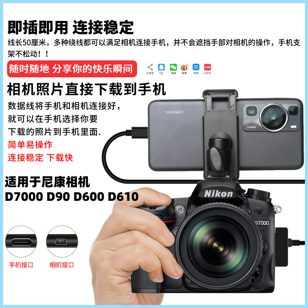 振发 适用于尼康D7000 D90 D600 D610单反相机OTG数据线对拷线外接手机变大屏监视器照片直播下载线 - 图2