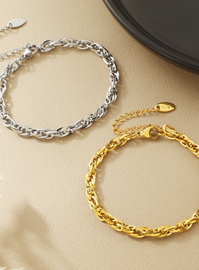 金色绞丝麻花手链钛钢不掉色欧美朋克风夸张粗链条嘻哈金属首饰