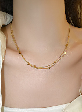 方块双层项链女钛钢不掉色小众设计感轻奢高级感锁骨链气质百搭